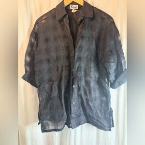 Anue Monochrome Black Plaid Sheer Button-Up Linen Shirt